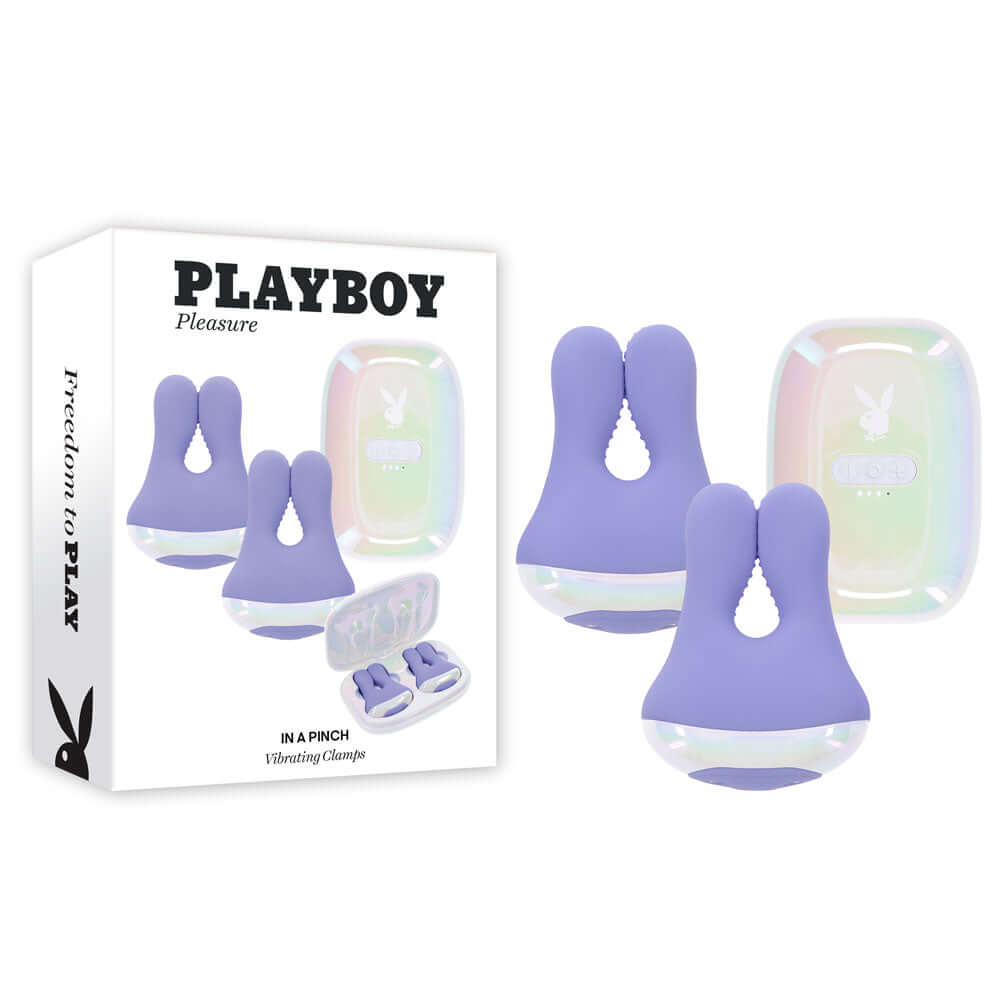 Playboy Pleasure IN A PINCH - Purple Rechargeable Vibrating Nipple Clamps with Charging Carry Case