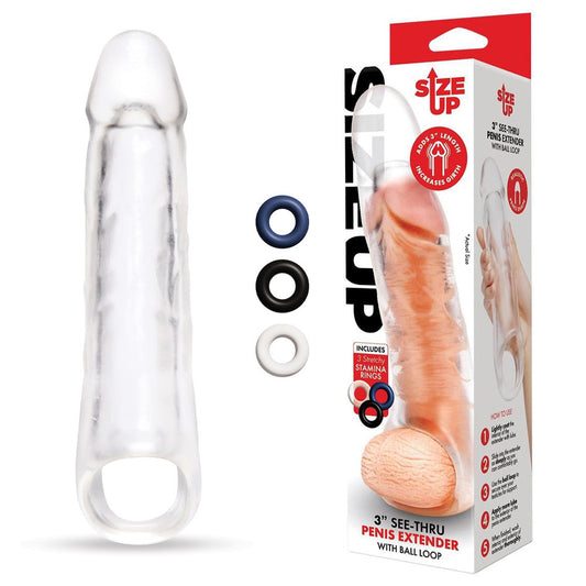 Size Up 3 Inch See-Thru Penis Extender with Ball Loop Clear 7.6 cm