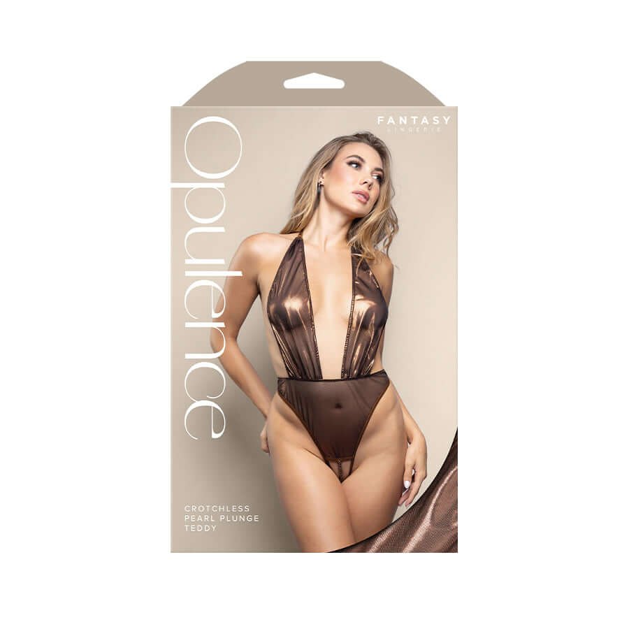 OPULENCE Crotchless Pearl Plunge Teddy SM - Chocolate - S/M Size