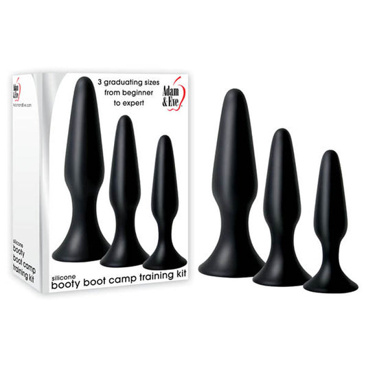 Adam & Eve Silicone Booty Boot Camp Training Kit Black Butt Plugs - Set of 3 Sizes