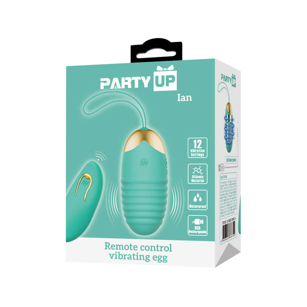 Party Up IAN Remote Egg - Teal - Teal USB Rechargeable Vibrating Egg with Wireless Remote