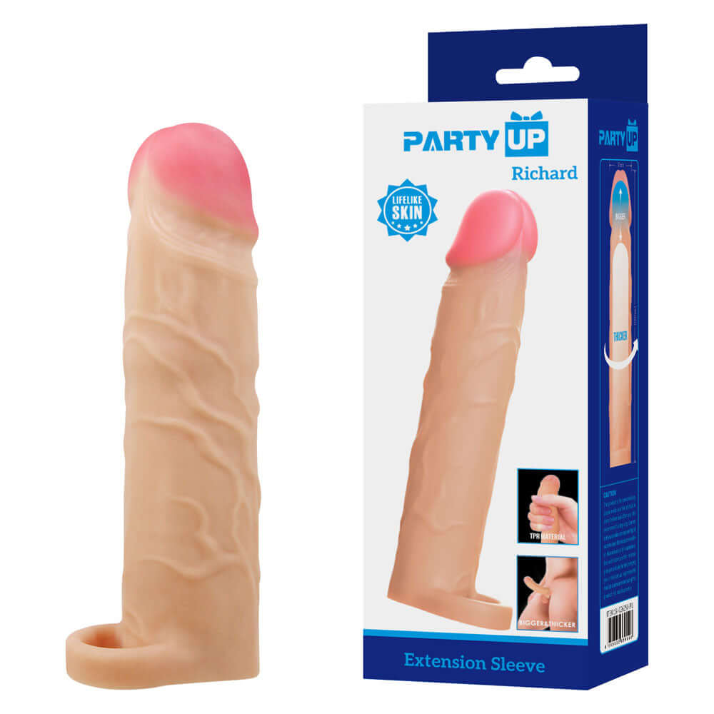 Party Up RICHARD 3 Inch Extender Sleeve - Flesh 3 Inch Penis Extender Sleeve with Ball Strap