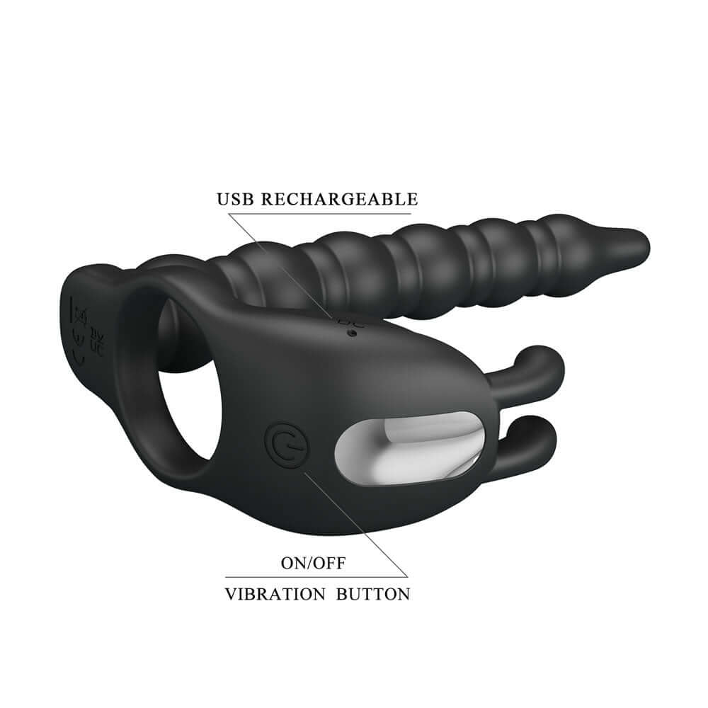 Party Up MARCUS Ring & Anal Plug - Black USB Rechargeable Vibrating Cock Ring with Double Penetrator