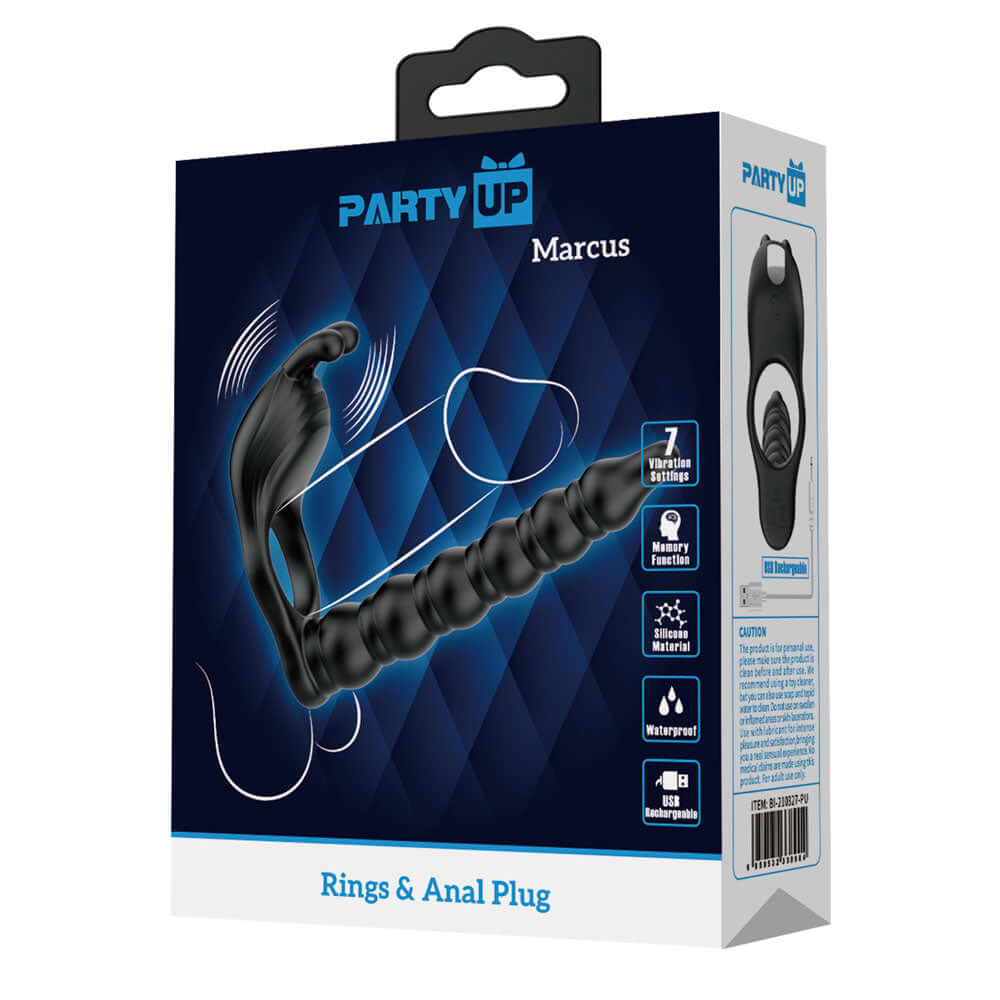 Party Up MARCUS Ring & Anal Plug - Black USB Rechargeable Vibrating Cock Ring with Double Penetrator