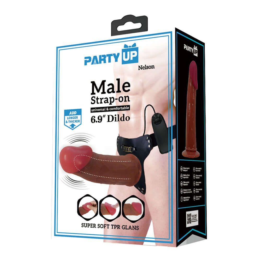 Party Up NELSON Vibrating Strap-On - Brown 17.5 cm Vibrating Hollow Strap-On