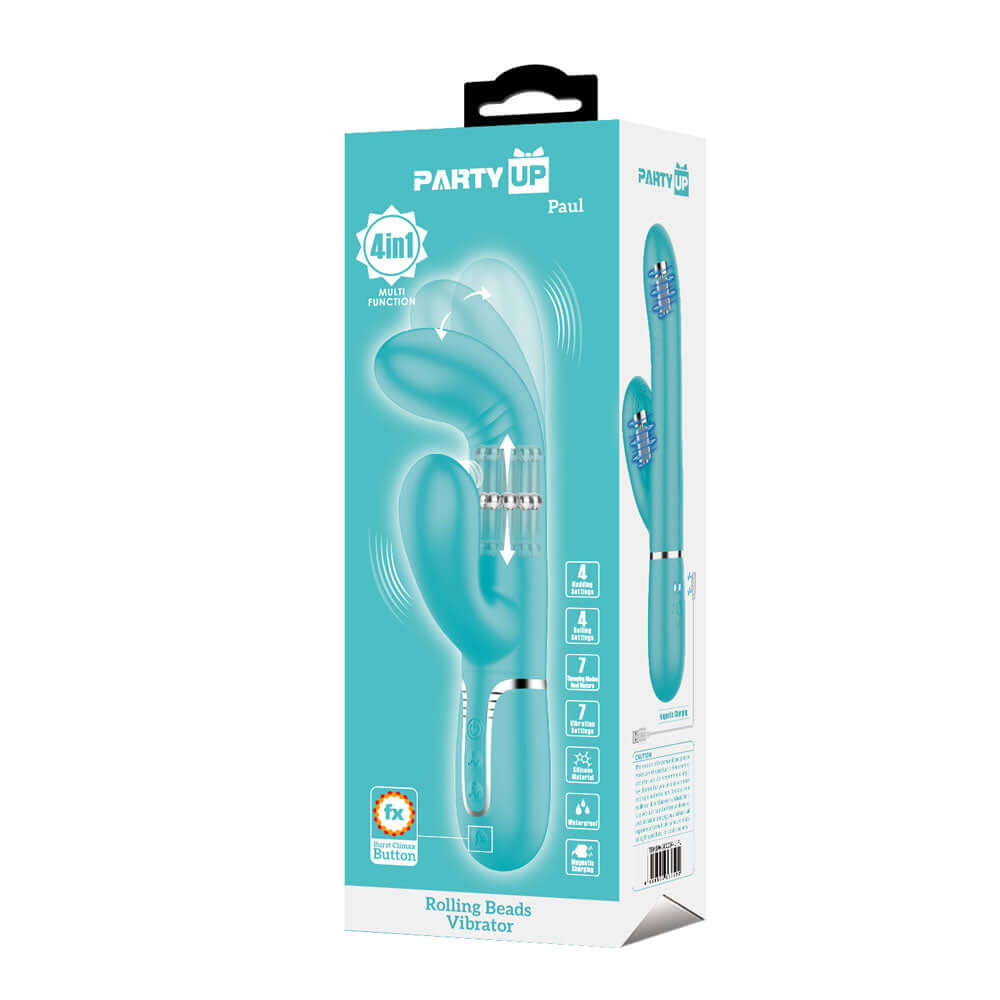Party Up PAUL Rolling Beads Vibrator - Teal - Teal 22.6 cm USB Rechargeable Thrusting Rabbit Vibrator