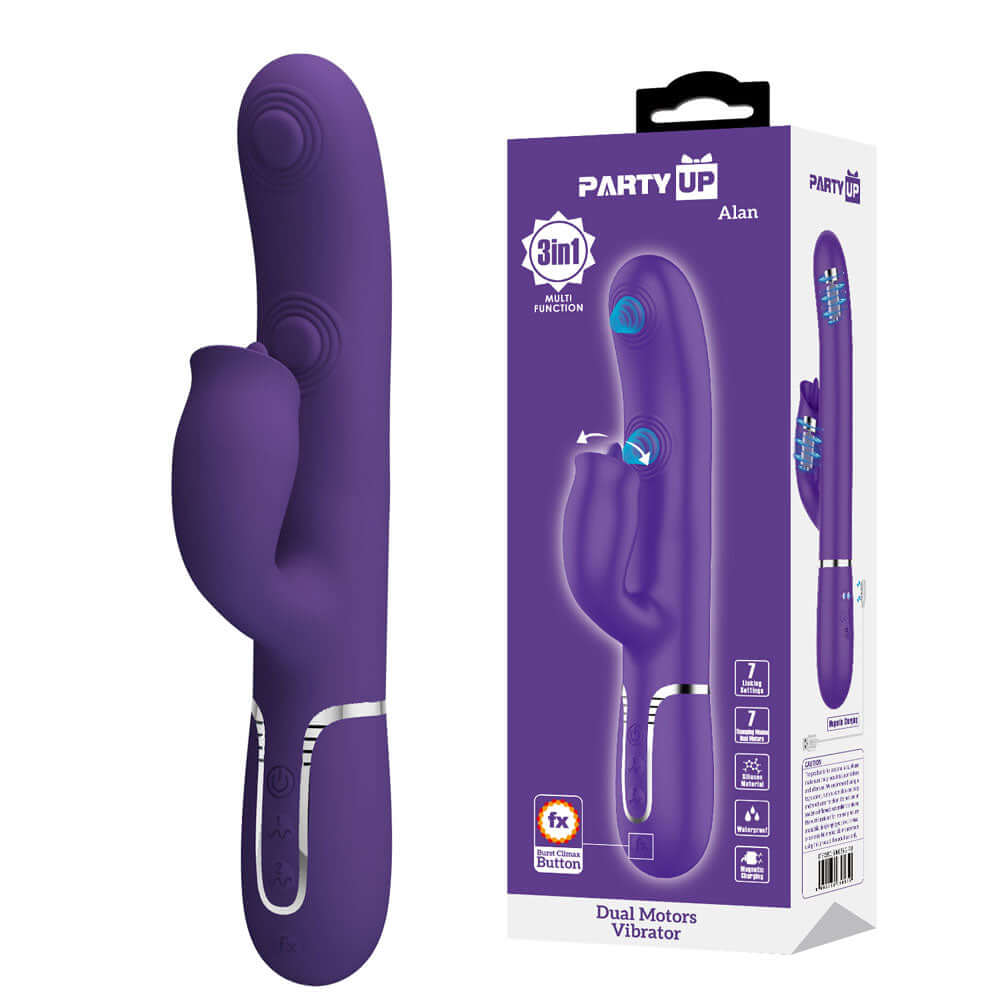 Party Up ALAN Dual Motor Vibrator - Purple - Purple 22.8 cm USB Rechargeable Vibrator with Licking Clit Stimulator and Thumping Shaft