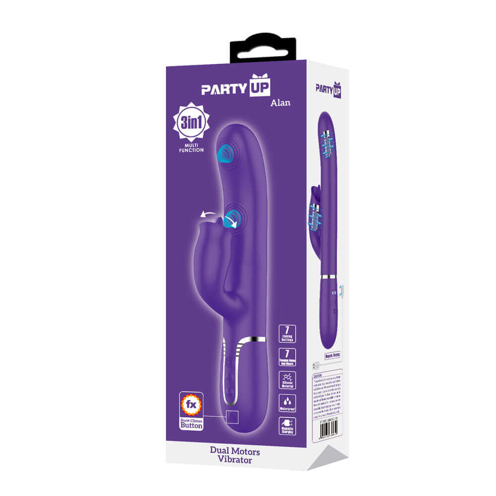 Party Up ALAN Dual Motor Vibrator - Purple - Purple 22.8 cm USB Rechargeable Vibrator with Licking Clit Stimulator and Thumping Shaft