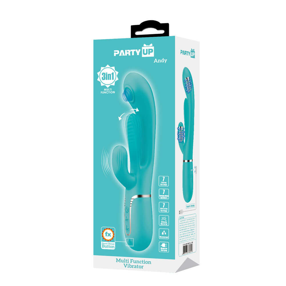 Party Up ANDY Multi Function Vibrator - Teal - Teal 22.2 cm USB Rechargeable Rabbit Vibrator with Flicking and Thumping Tip