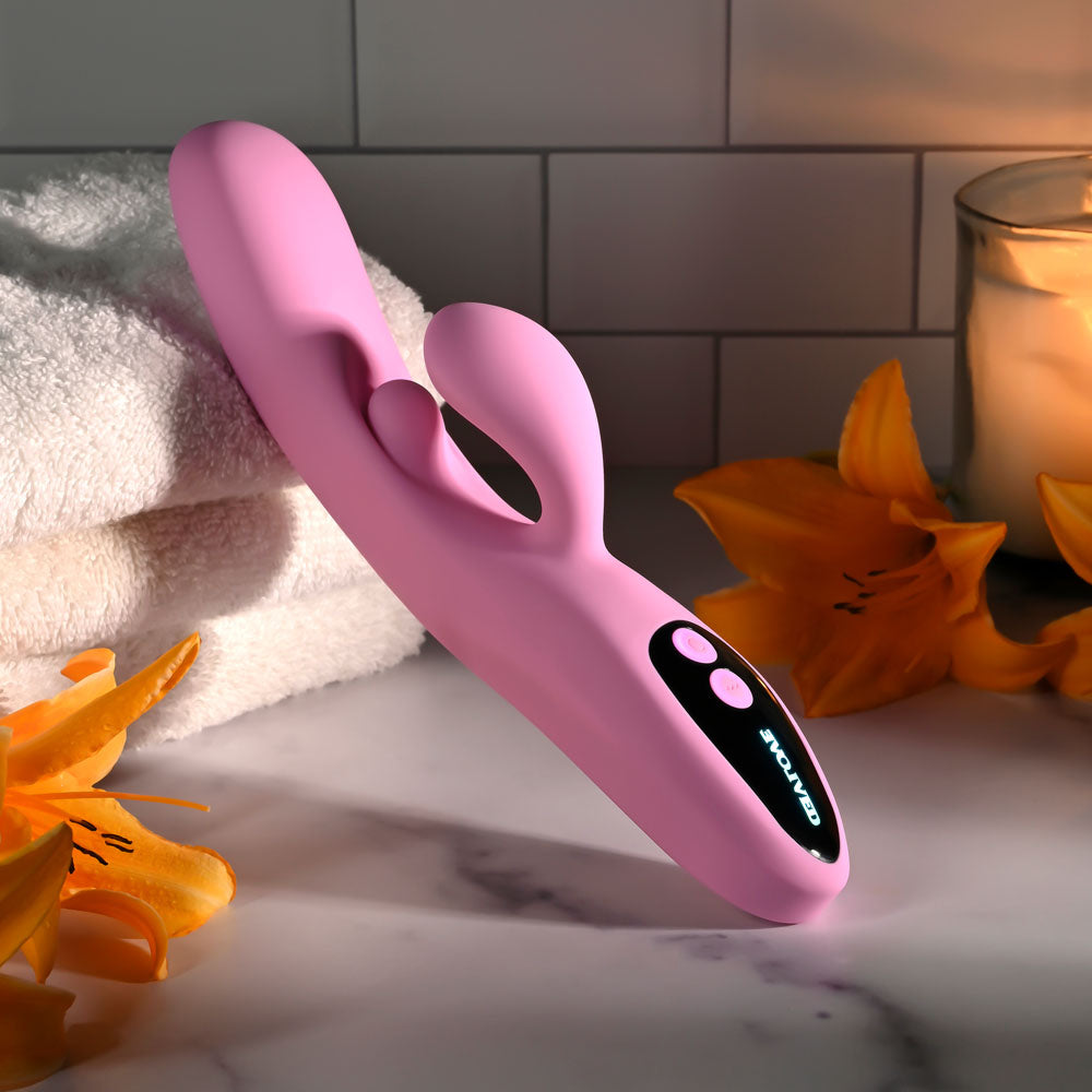Evolved PUSH THE BUTTON - Pink 23.5 cm USB Rechargeable Rabbit Vibrator with G-Spot Bud