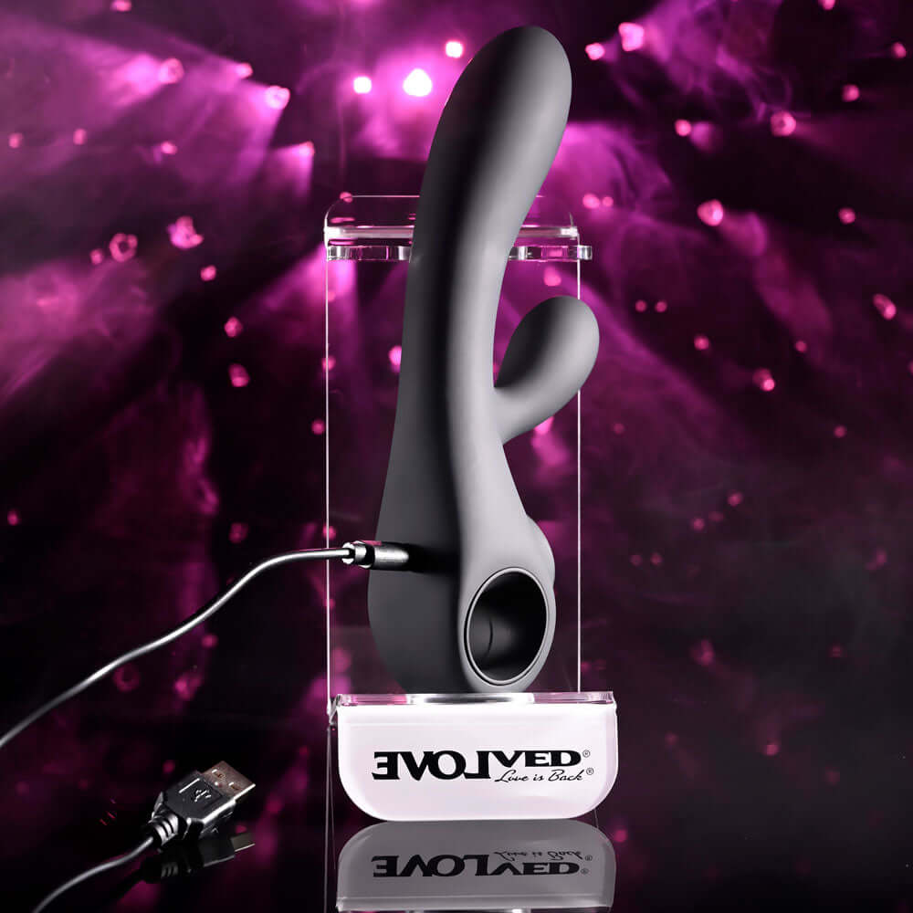 Evolved BLACK MAGIC - Black 20 cm USB Rechargeable Rabbit Vibrator with LED Screen