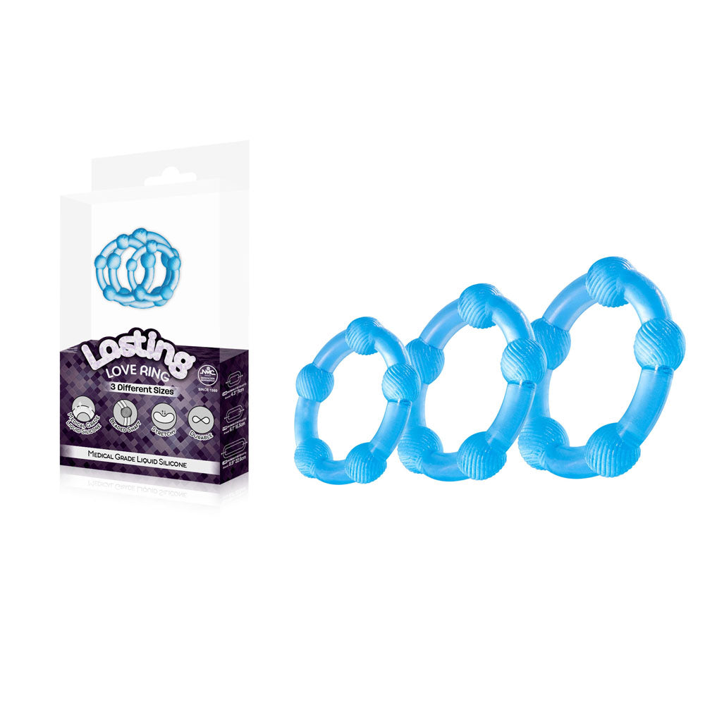 Lasting Love Ring 3 Piece Set/Size - Blue Beaded Cock Rings