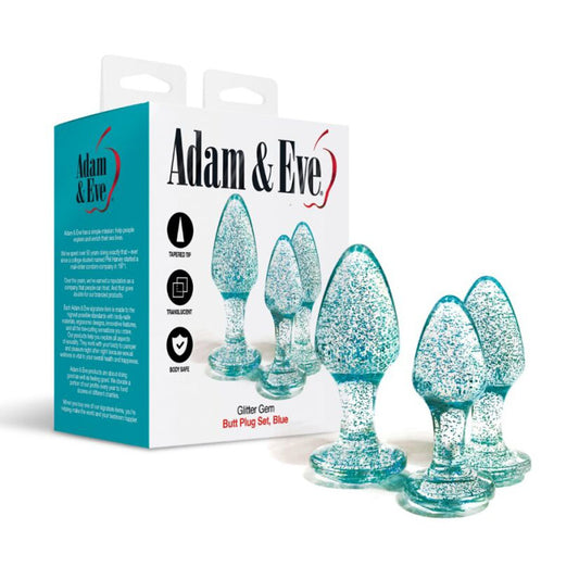 Adam & Eve Glitter Gem 3-Piece Butt Plug Set - Glitter Blue Butt Plugs - Set of 3 Sizes