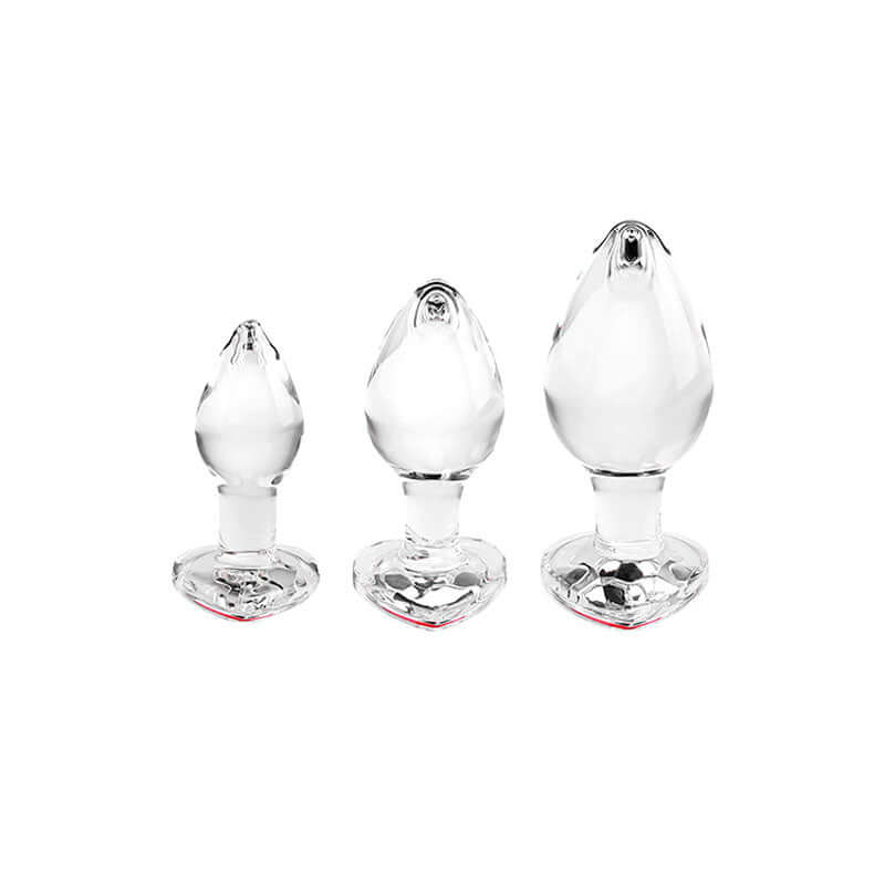 Adam & Eve RED HEART GEM GLASS PLUG SET - Clear Glass Butt Plugs - Set of 3 Sizes