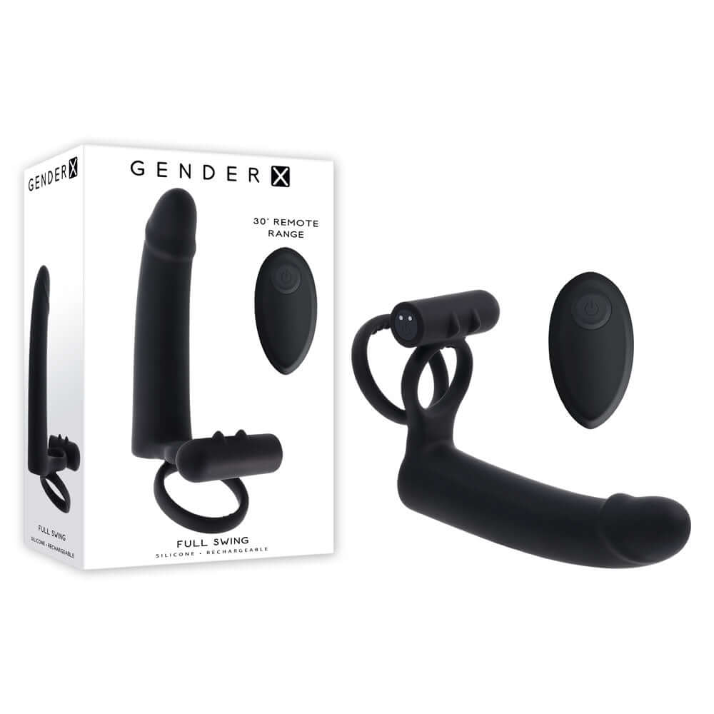 Gender X FULL SWING - Black USB Rechargeable Vibrating Cock Ring with Double Penetrator Dildo