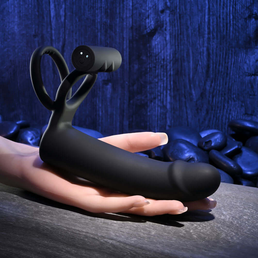 Gender X FULL SWING - Black USB Rechargeable Vibrating Cock Ring with Double Penetrator Dildo