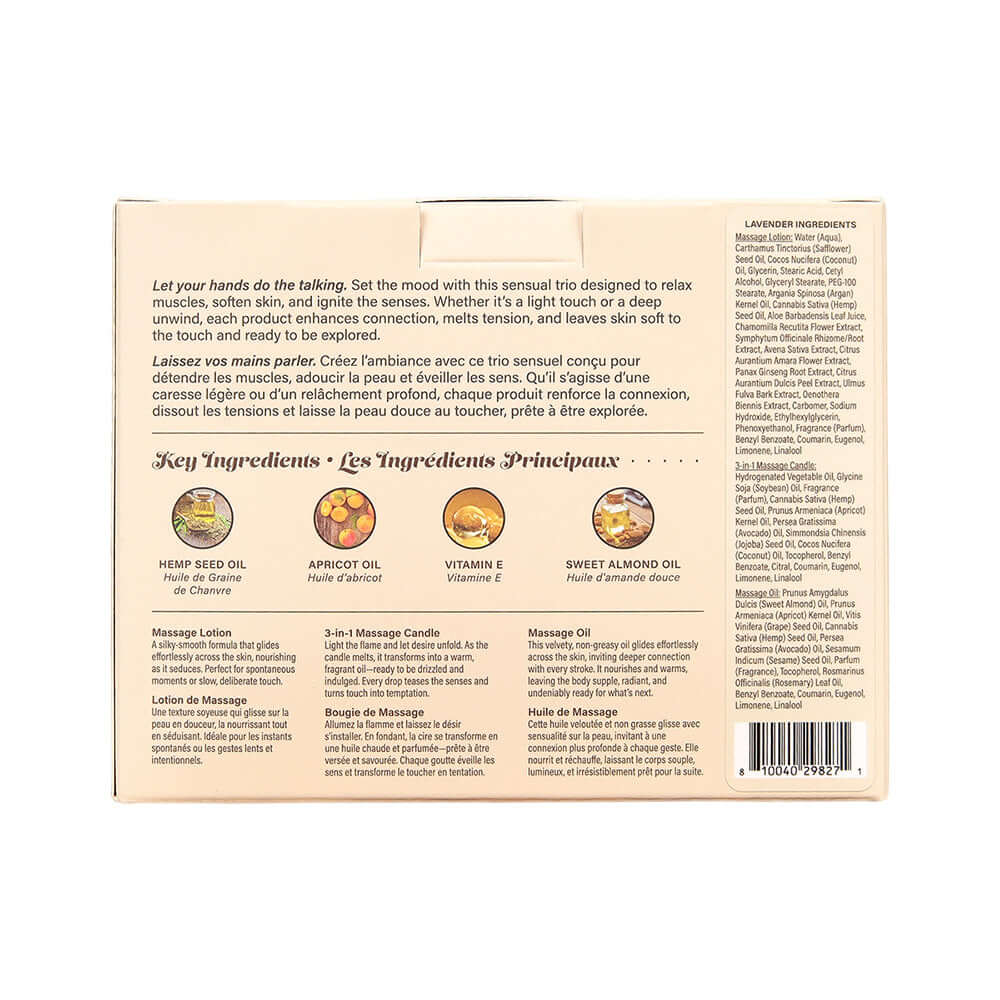 Hemp Seed Tranquility Trio - Lavender - Lavender Scented Massage & Caress Kit - 3 Piece Kit