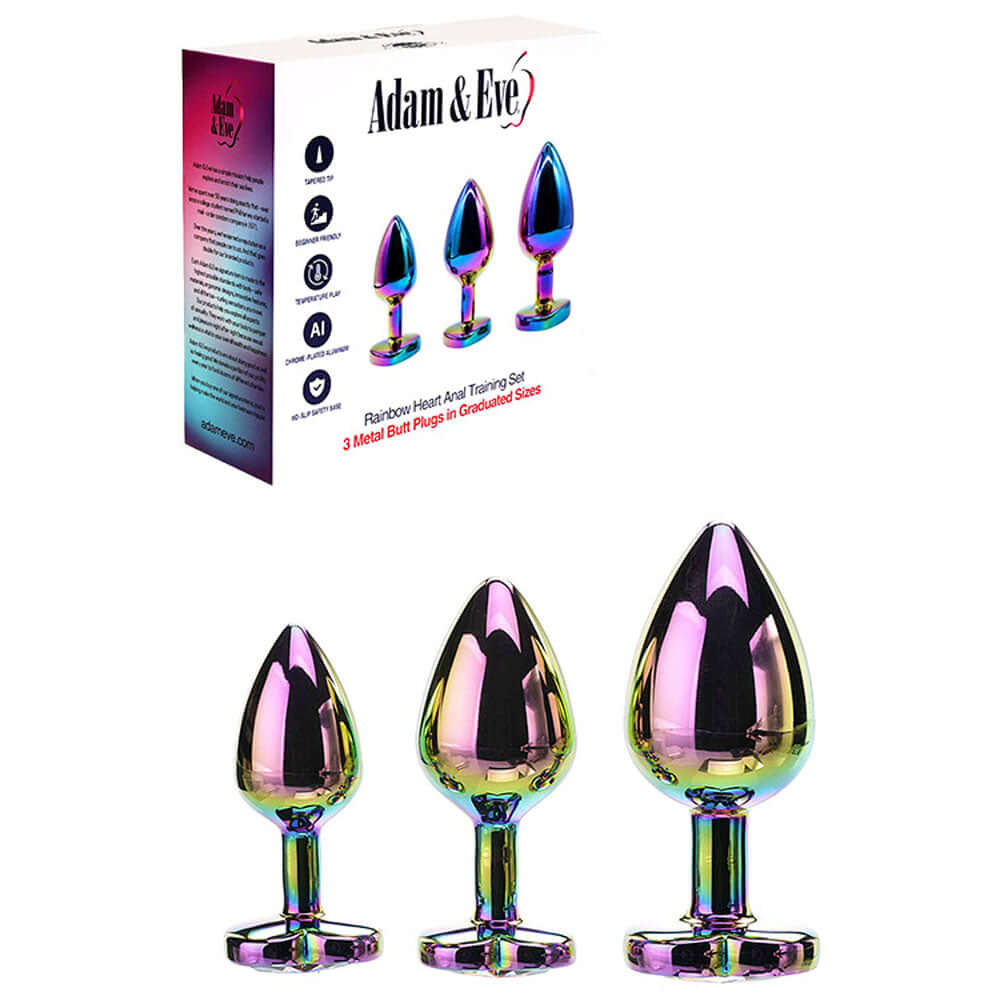 Adam & Eve RAINBOW HEART GEM ANAL TRAINING SET - Multicoloured Metal Anal Plugs with Gem Bases - Set of 3 Sizes