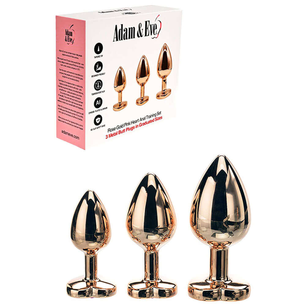 Adam & Eve HEART GEM ANAL TRAINING SET - Metal Anal Plugs with Pink Gem Bases - Set of 3 Sizes