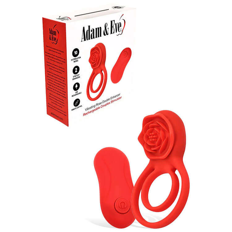 Adam & Eve VIBRATING ROSE DOUBLE ENHANCER - Red USB Rechargeable Cock & Balls Ring with Remote