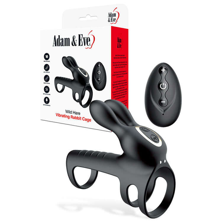 Adam & Eve WILD HARE - Black USB Rechargeable Vibrating Penis Cage with Wireless Remote