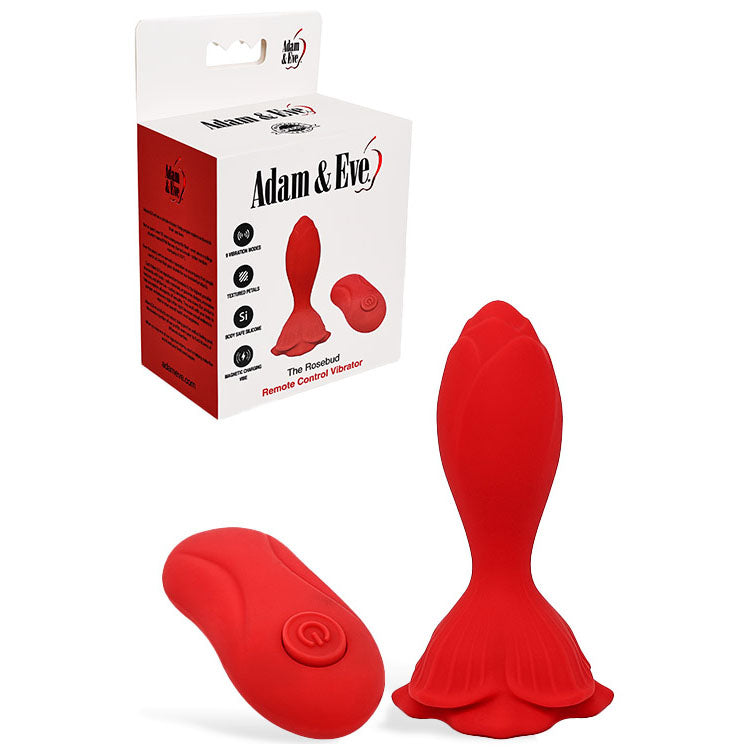 Adam & Eve THE ROSEBUD - Red 10.2 cm USB Rechargeable Vibrating Butt Plug with Remote