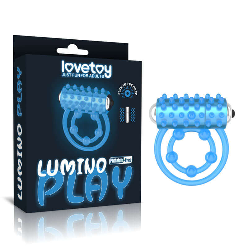Lumino Play Vibrating Penis & Balls Ring - Glow in the Dark Blue Vibrating Cock Ring