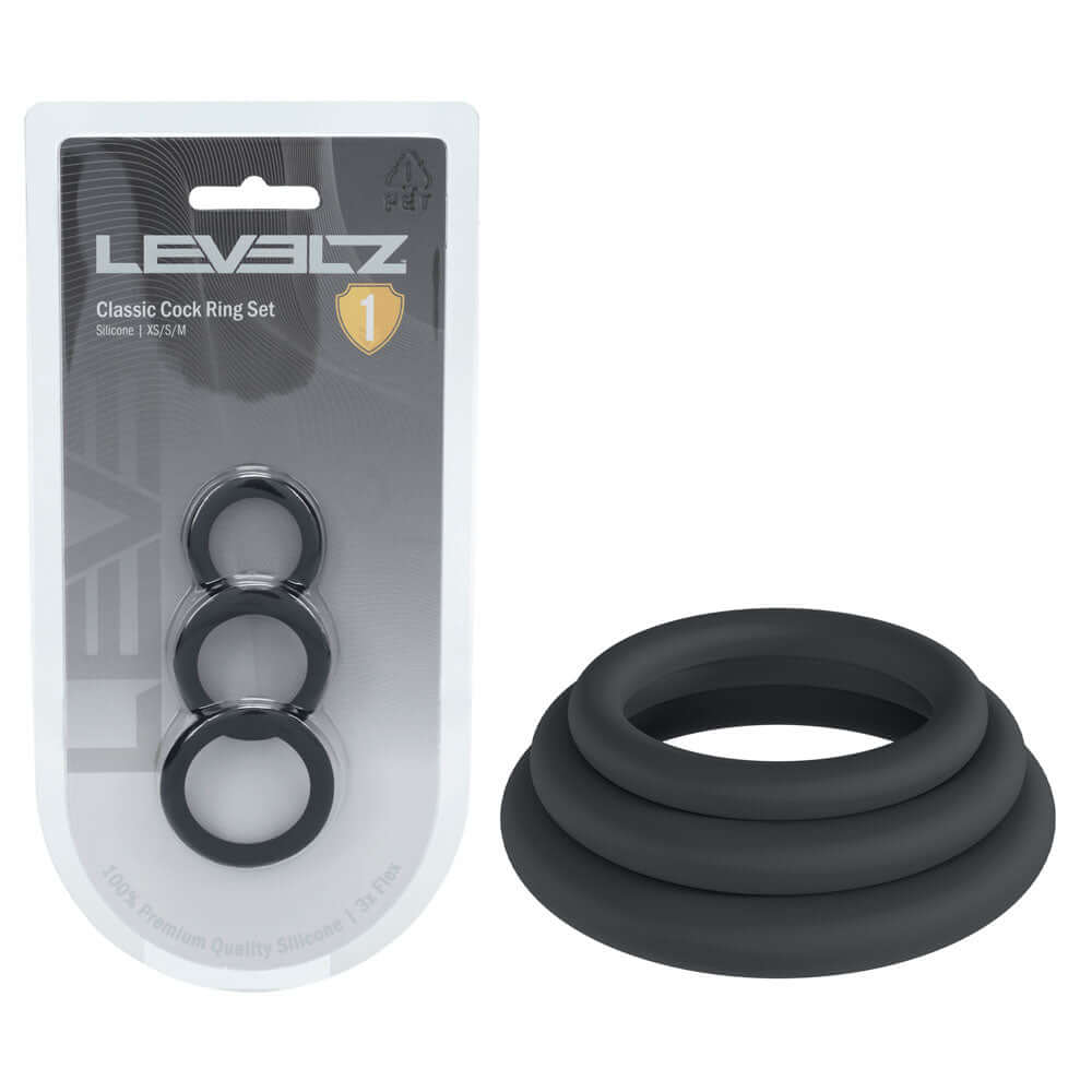 LEVELZ Classic Silicone Cock Ring Set - XS/S/M - Black Cock Rings - Set of 3 Sizes