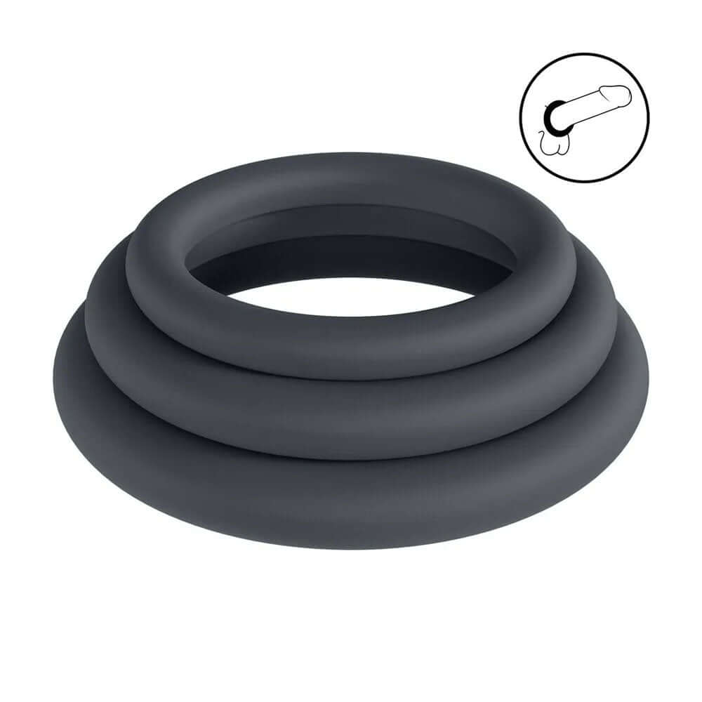 LEVELZ Classic Silicone Cock Ring Set - L/XL/XXL - Black Cock Rings - Set of 3 Sizes