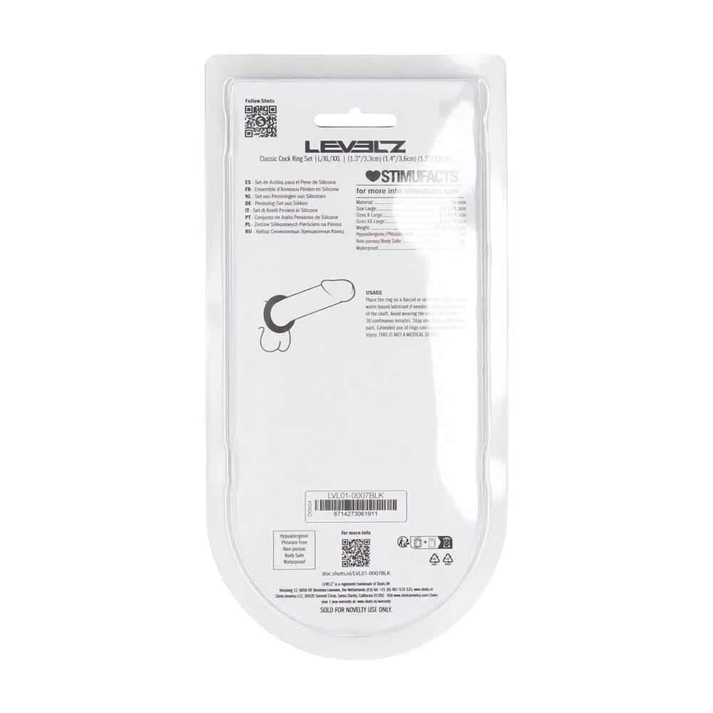 LEVELZ Classic Silicone Cock Ring Set - L/XL/XXL - Black Cock Rings - Set of 3 Sizes