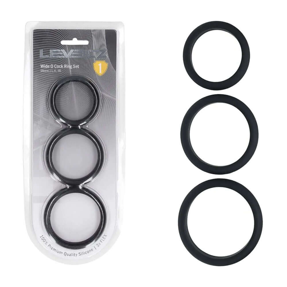 LEVELZ Wide O Silicone Cock Ring Set of 3 - L/XL/2X - Black Cock Rings - Set of 3 Sizes