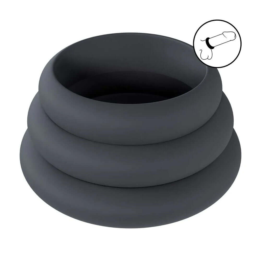 LEVELZ Wide O Silicone Cock Ring Set of 3 - L/XL/2X - Black Cock Rings - Set of 3 Sizes
