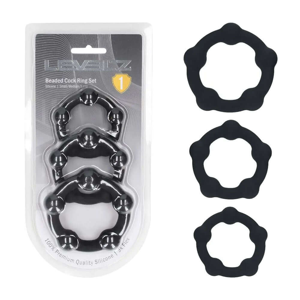 LEVELZ Beaded Silicone Cock Ring Set of 3 - Black - Black Cock Rings - Set of 3 Sizes
