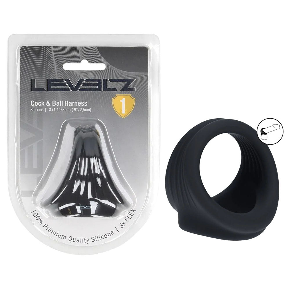 LEVELZ Silicone Cock & Ball Harness - Black - Black Cock & Ball Ring