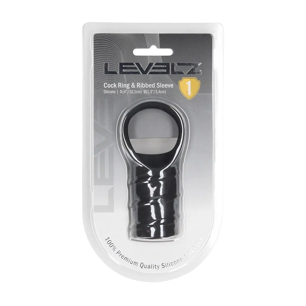 LEVELZ Silicone Cock Ring & Ribbed Sleeve - Black Cock Ring with Sleeve