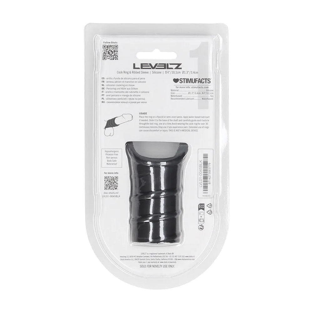 LEVELZ Silicone Cock Ring & Ribbed Sleeve - Black Cock Ring with Sleeve