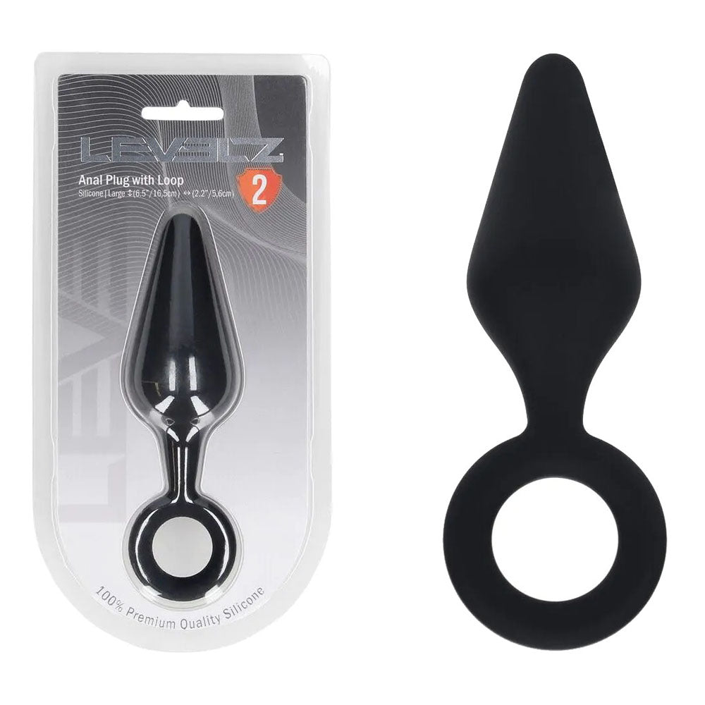 LEVELZ Silicone Anal Plug with Loop - Large - Black Large Butt Plug