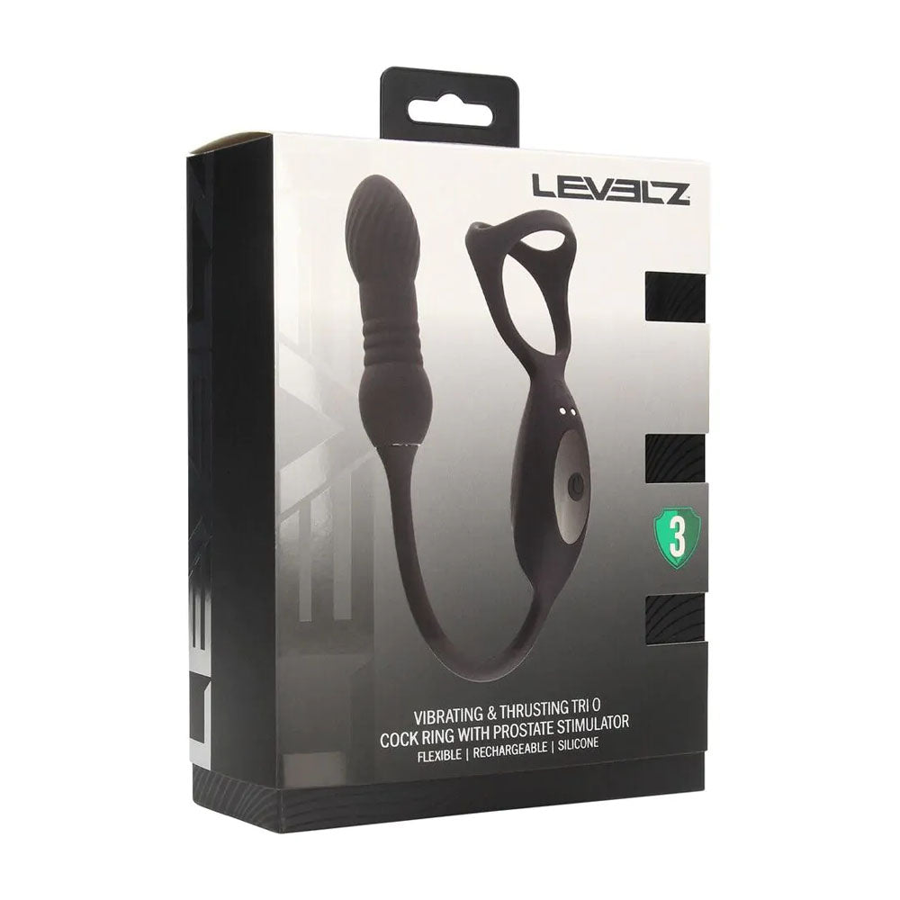LEVELZ Vibrating & Thrusting TriO Cock Ring with Prostate Stimulator - Black USB Rechargeable Vibrating Cock Ring with Thrusting Prostate Plug