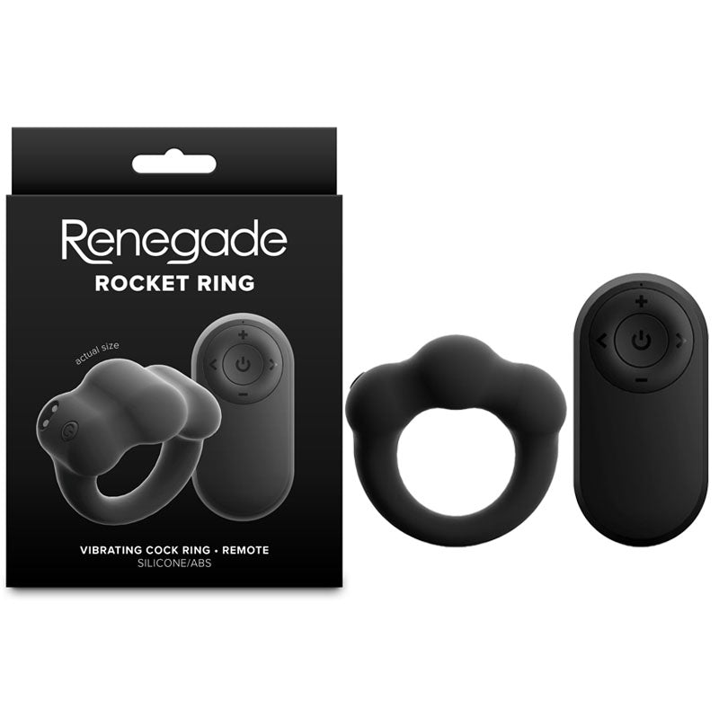 Renegade Rocket Ring - Black - Black USB Rechargeable Vibrating Cock Ring with Wireless Remote