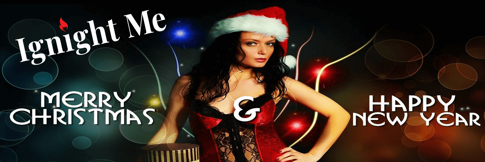 New Year banner with woman in Santa hat wishing Merry Christmas & Happy New Year