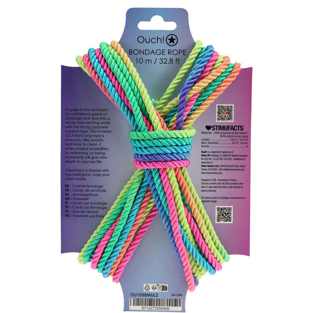 OUCH! Bondage Rope - 10 M - Multicolour 2 - Multicoloured Nylon Bondage Rope - 10 metre Length