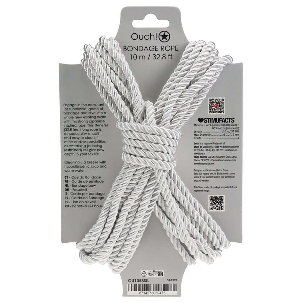 OUCH! Bondage Rope - 10 M - Silver - Silver Nylon Bondage Rope - 10 metre Length