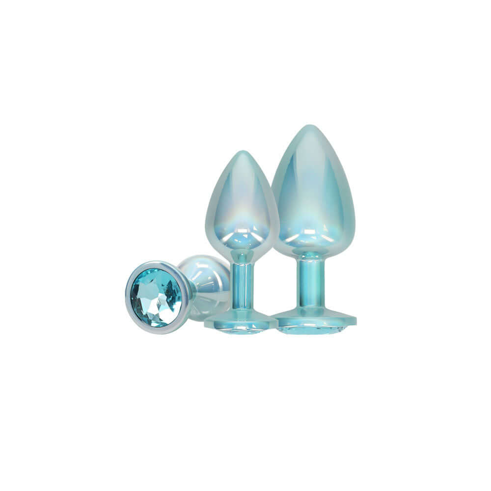 OUCH! Paris Collection - Metal Anal Plug Set - Blue - Metallic Blue Butt Plugs with Gem Bases - Set of 3 Sizes