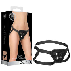 OUCH! Velvet & Velcro Adjustable Harness with O-Ring - Black Strap-On Harness (No Probe Included)