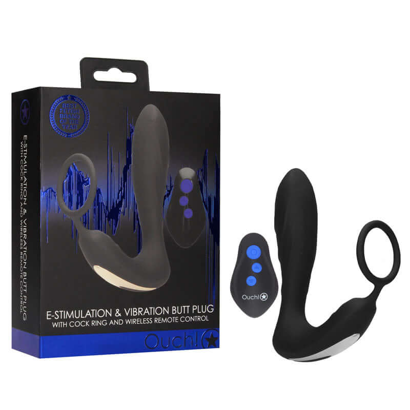 OUCH! E-stim & Vibrating Butt Plug Cock Ring - Black USB Rechargeable Vibrating Butt Plug & Cock Ring with e-Stim