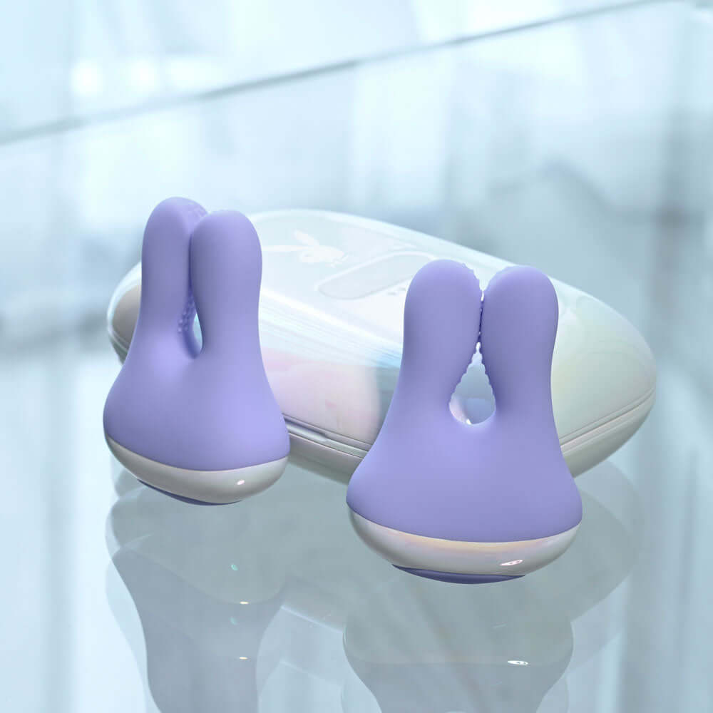 Playboy Pleasure IN A PINCH - Purple Rechargeable Vibrating Nipple Clamps with Charging Carry Case