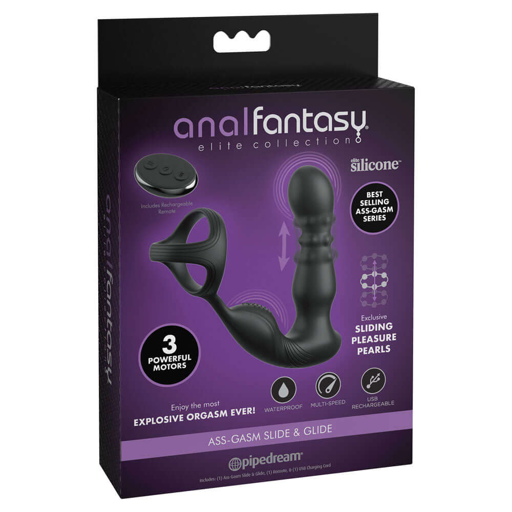 Anal Fantasy Elite Ass-Gasm Slide & Glide - Black USB Rechargeable Prostate Massage with Cock Ring