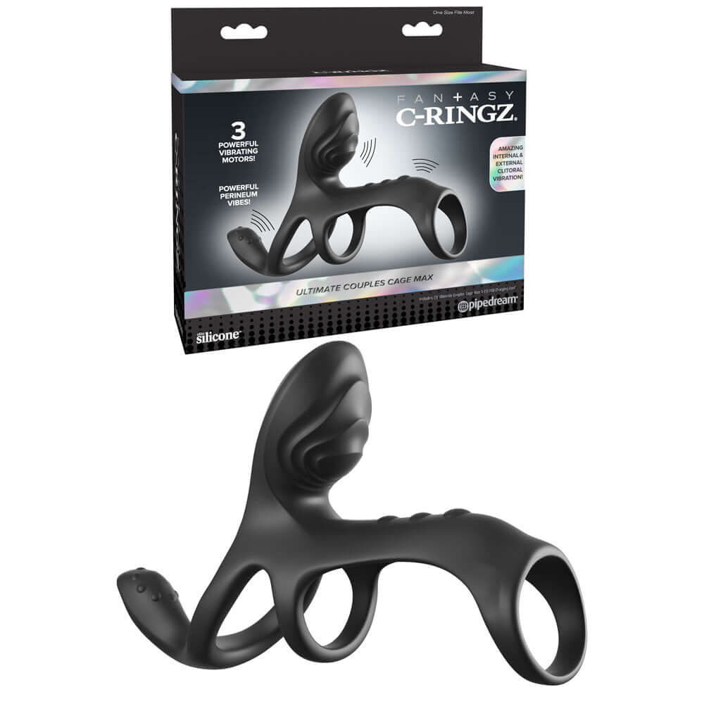 Fantasy C-Ringz Ultimate Couples Cage Max - Black USB Rechargeable Vibrating Cock Ring Cage
