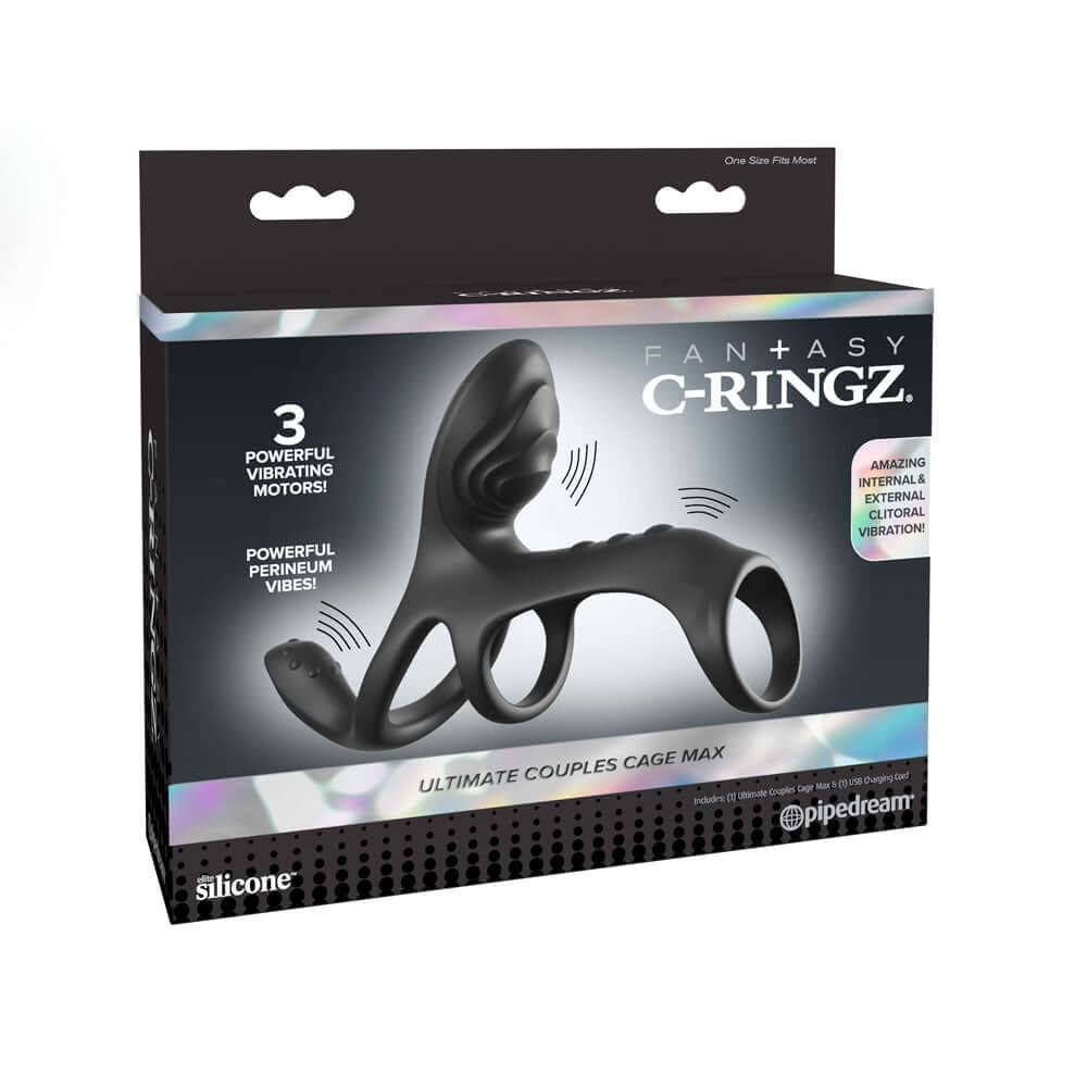 Fantasy C-Ringz Ultimate Couples Cage Max - Black USB Rechargeable Vibrating Cock Ring Cage
