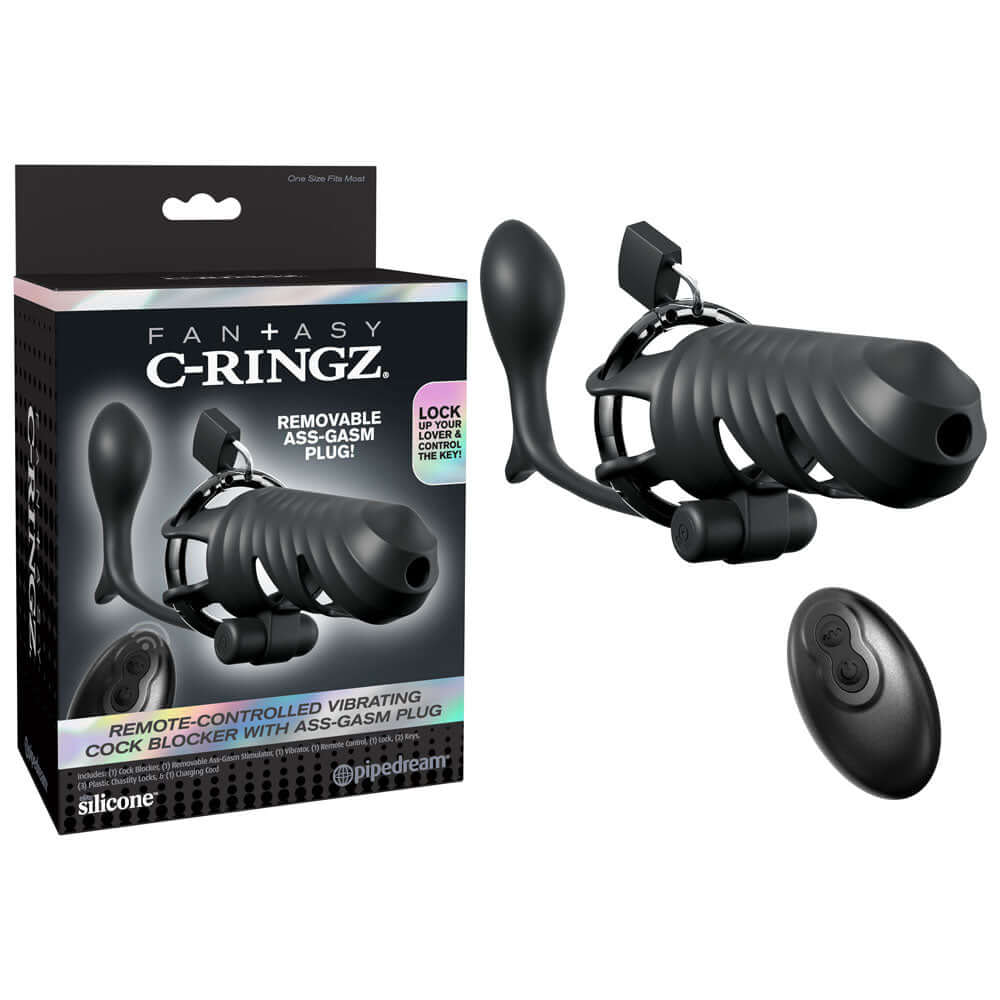 Fantasy C-Ringz Remote-Controlled Vibrating Cock Blocker with Ass-Gasm Plug - Black Vibrating Cock Cage with Anal Plug